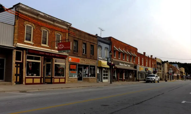 Rue principale d'une petite ville ontarienne bordée de commerces en brique