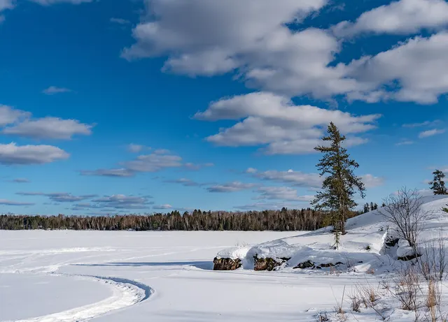 Sentier de motoneige qui serpente sur un lac gelé bordé d'épinettes