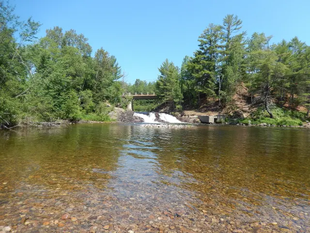 Rivière peu profonde aux eaux claires sous la chute aux Épinettes Rouges, bordée de pins