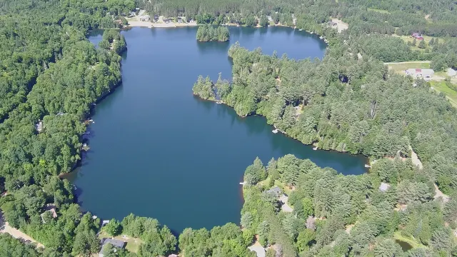 Vue aérienne du lac Lévesque en juillet, eau bleue et rives boisées parsemées de chalets